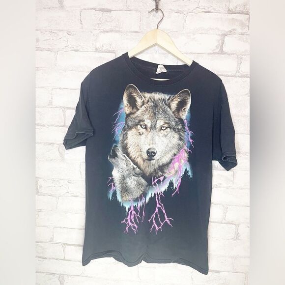 Vintage Y2K Wolf Dog Graphic Tee With Purple and Blue Lightning Short Sleeve - Picture 1 of 5